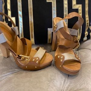 Super sexy canvas leather and wooden high heel sandals